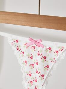 Lowkey Lull 3pcs/Set Women's Bow Lace Patchwork Floral Print Thong Panties - Multicolor - View 5