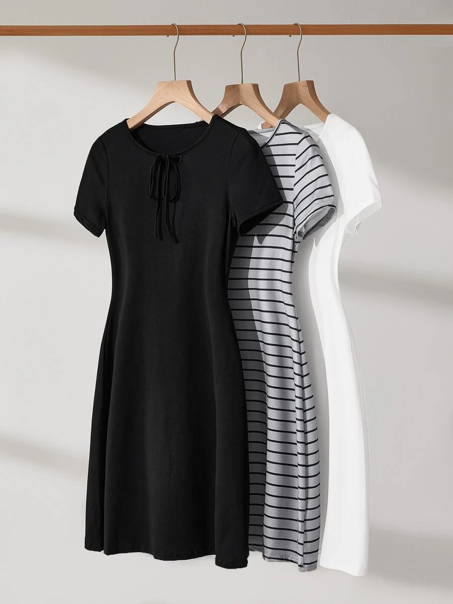 Lowkey Lull 3pcs/Set Striped Dress Set, Minimalist & Fashionable, Suitable For Summer - Multicolor - View 1