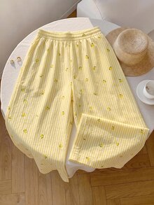 SHEIN EZwear Casual Striped Lemon Print Plus Size Women's Pants, Suitable For Spring And Autumn, Yellow Long Pants Fall - Multicolor - View 2