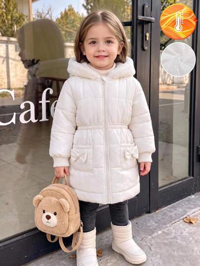 Young Girls Winter Young Girl Minimalist Casual Quilted Waist-Cinching Hooded Zip-Up Padded Coat, Pockets With 3D Bow Decor Soft Padded Coat, Suitable For Winter Outdoor Wear
