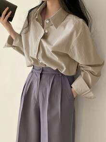 DAZY Women's Solid Color Long Sleeve Spring Daily Shirt,Long Sleeve Tops - Beige - View 3