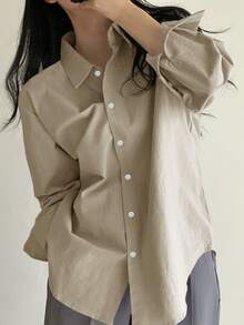 DAZY Women's Solid Color Long Sleeve Spring Daily Shirt,Long Sleeve Tops - Beige - View 2