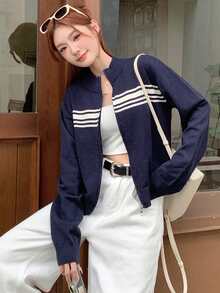 DAZY Color Block Striped High Neck Long Sleeve Zip Up Cardigan For Women,Fall Women Clothes Jacket - Navy Blue - View 3