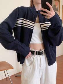 DAZY Color Block Striped High Neck Long Sleeve Zip Up Cardigan For Women,Fall Women Clothes Jacket - Navy Blue - View 6