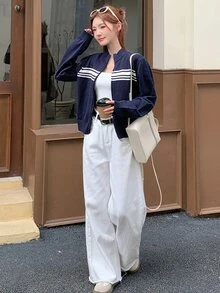DAZY Color Block Striped High Neck Long Sleeve Zip Up Cardigan For Women,Fall Women Clothes Jacket - Navy Blue - View 4
