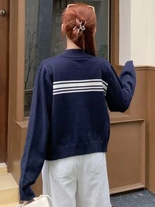 DAZY Color Block Striped High Neck Long Sleeve Zip Up Cardigan For Women,Fall Women Clothes Jacket - Navy Blue - View 2