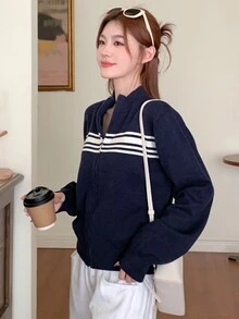 DAZY Color Block Striped High Neck Long Sleeve Zip Up Cardigan For Women,Fall Women Clothes Jacket - Navy Blue - View 8