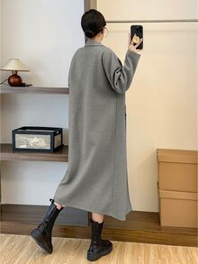 Pariaura Women's Long Gray Overcoat With Button Closure, Autumn Fall Winter Cloth For Women - Grey - View 2