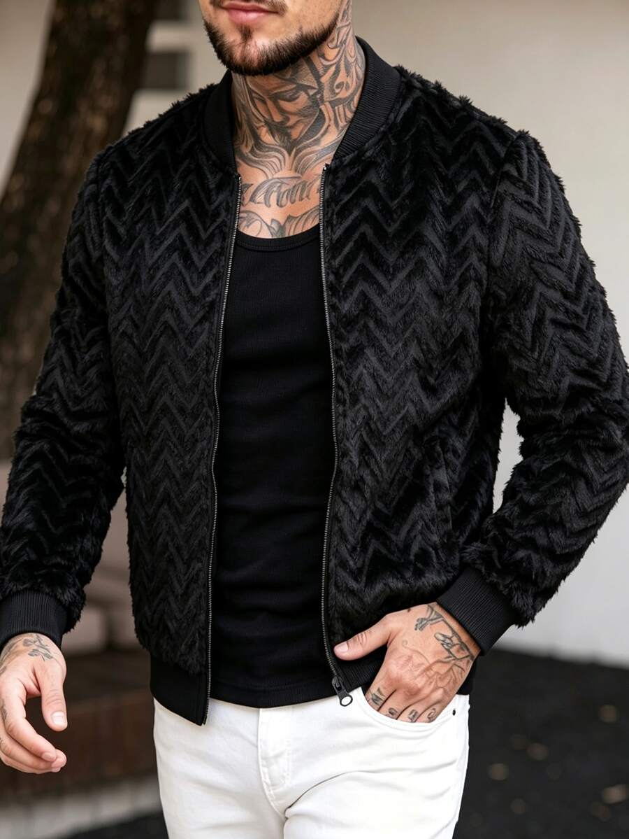 Manfinity Homme 男士紋理長袖拉鍊棒球夾克 - 黑色 - 查看 1