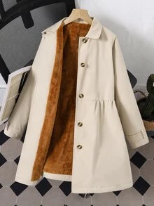 SHEIN 青少年女孩長袖休閒時尚梭織面料長版外套，對比色極地絨內裡，寬鬆版型 - 卡其色 - 查看 7