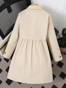 SHEIN 青少年女孩長袖休閒時尚梭織面料長版外套，對比色極地絨內裡，寬鬆版型 - 卡其色 - 查看 8