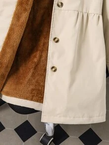 SHEIN 青少年女孩長袖休閒時尚梭織面料長版外套，對比色極地絨內裡，寬鬆版型 - 卡其色 - 查看 6