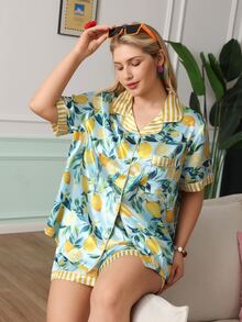 Chillnights Plus Size Comfortable Lemon Print Single-Breasted Top And Shorts Pajama Set - Multicolor - View 6