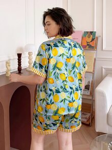 Chillnights Plus Size Comfortable Lemon Print Single-Breasted Top And Shorts Pajama Set - Multicolor - View 2
