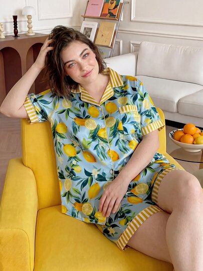 Chillnights Plus Size Comfortable Lemon Print Single-Breasted Top And Shorts Pajama Set