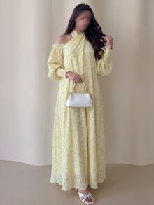 Yasveil 女款編織紋理交叉裹領掛脖露肩A字優雅浪漫阿拉伯風洋裝 - 黃色 - 查看 7
