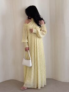 Yasveil 女款編織紋理交叉裹領掛脖露肩A字優雅浪漫阿拉伯風洋裝 - 黃色 - 查看 4