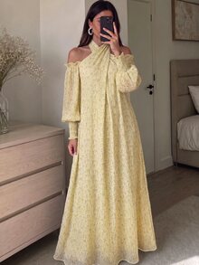 Yasveil 女款編織紋理交叉裹領掛脖露肩A字優雅浪漫阿拉伯風洋裝 - 黃色 - 查看 8
