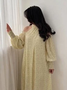 Yasveil 女款編織紋理交叉裹領掛脖露肩A字優雅浪漫阿拉伯風洋裝 - 黃色 - 查看 6
