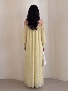 Yasveil 女款編織紋理交叉裹領掛脖露肩A字優雅浪漫阿拉伯風洋裝 - 黃色 - 查看 2