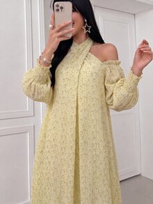 Yasveil 女款編織紋理交叉裹領掛脖露肩A字優雅浪漫阿拉伯風洋裝 - 黃色 - 查看 5