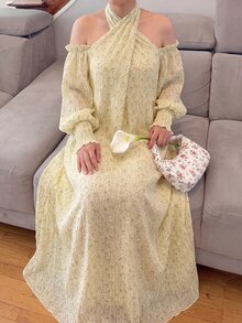 Yasveil 女款編織紋理交叉裹領掛脖露肩A字優雅浪漫阿拉伯風洋裝 - 黃色 - 查看 3