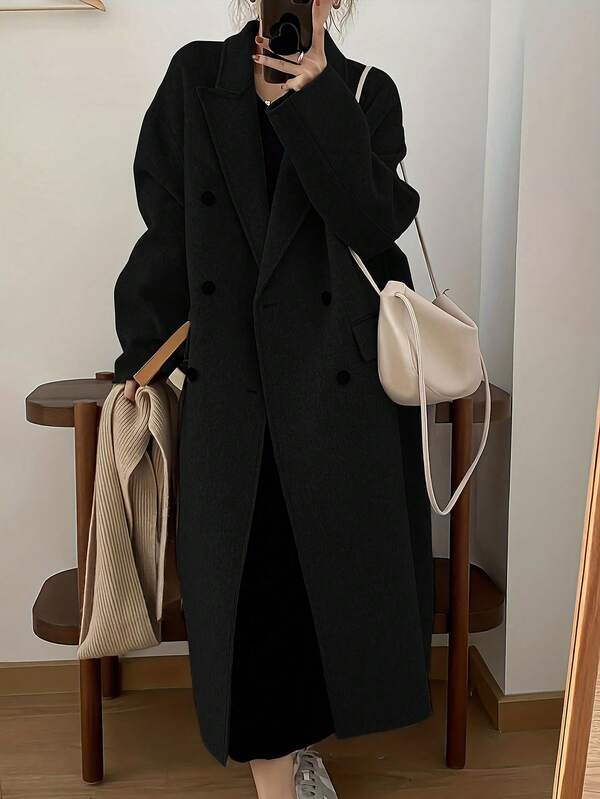 Calvaya Women's Long Button-Up Coat, Autumn,Ladies Late Fall Casual Double Button,Pocket Drop Shoulder Lapel Regular Fit Black Plain,Textured Pattern Women Overcoats,Outdoor Activities
