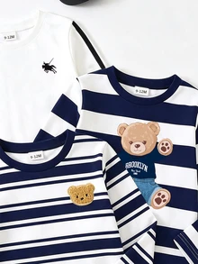 3件組男嬰休閒上衣 海軍藍白色條紋熊圖案 長袖寬鬆圓領 度假校園秋季上衣 - 彩色 - 查看 4