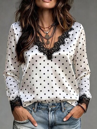 SHEIN Women French Glossy Satin Polka Dot Top Shirts Eyelash Lace V Neck&Cuff Long Sleeve Relaxed Blouse Woman Weekend Going Out Outfit Office Commute Wear