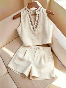 Selianne Women's Summer Embroidered 2 Pieces Set, Refreshing Linen-Feel Sleeveless Top And Shorts Set, Embroidered Stand Collar Sleeveless Top 2 Pieces Set, Daily Commute Casual Outfit - Apricot - View 6