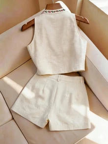 Selianne Women's Summer Embroidered 2 Pieces Set, Refreshing Linen-Feel Sleeveless Top And Shorts Set, Embroidered Stand Collar Sleeveless Top 2 Pieces Set, Daily Commute Casual Outfit - Apricot - View 2