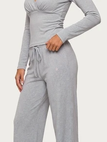MISSGUIDED TEEN 交叉V領長袖短版上衣與寬腿抽繩休閒套裝，適合秋冬休閒日常穿著 - 灰色 - 查看 5