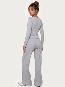 MISSGUIDED TEEN 交叉V領長袖短版上衣與寬腿抽繩休閒套裝，適合秋冬休閒日常穿著 - 灰色 - 查看 2