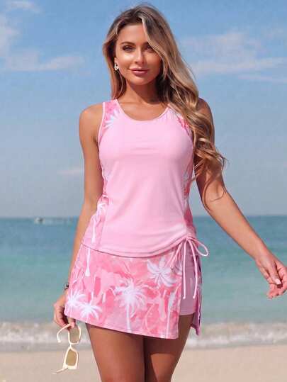 Swim Lushoire Women's New Fashion Printed Flattering Slimming Beach Vacation Vacation Swimwear Set For Hot Springs Pink Summer Tropical