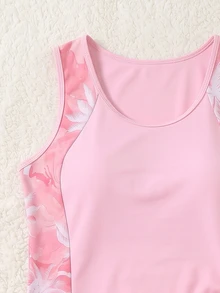 Swim Lushoire 女款新款時尚印花修身顯瘦海灘度假泳衣套裝，適合溫泉、粉色夏季熱帶風 - 藕粉色 - 查看 5
