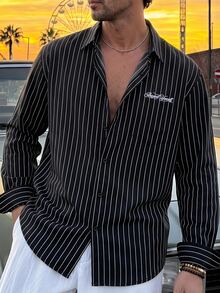 HIMLAND Men's Casual Commute Striped Shirt - Black - View 2