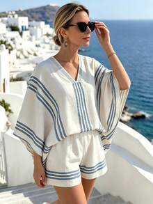 Breezaya Fashionable Vacation Casual Striped Print Plus Size Shorts Set Fall - Light Grey - View 6
