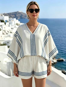 Breezaya Fashionable Vacation Casual Striped Print Plus Size Shorts Set Fall - Light Grey - View 4