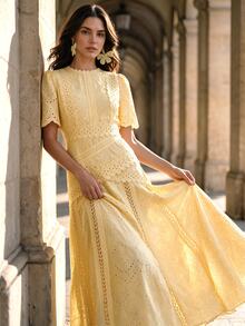 Anewsta 優雅浪漫花卉飾邊圓領收腰短袖女款長洋裝，奶油黃，適合婚禮、花園派對、度假、下午茶派對 - 黃色 - 查看 6