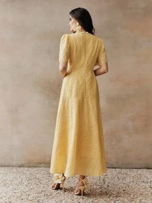 Anewsta 優雅浪漫花卉飾邊圓領收腰短袖女款長洋裝，奶油黃，適合婚禮、花園派對、度假、下午茶派對 - 黃色 - 查看 3