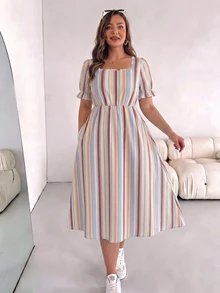 SHEIN Essnce Plus Size Fashion Striped Colorblock Square Neck Pocket Dress - Multicolor - View 4