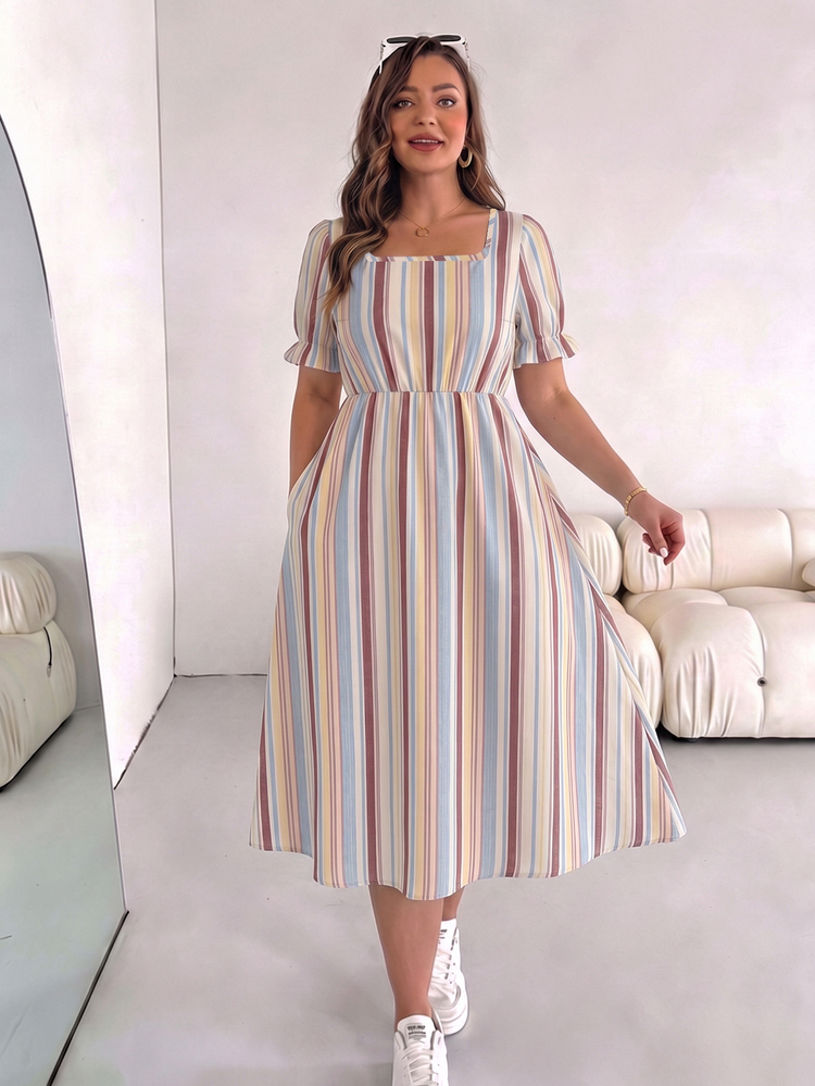 SHEIN Essnce Plus Size Fashion Striped Colorblock Square Neck Pocket Dress - Multicolor - View 4