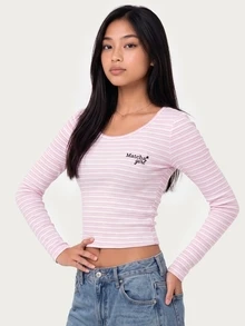 MISSGUIDED TEEN 羅紋針織短版長袖上衣，圓領，粉色白色橫條紋，抹茶女孩刺繡，適合春夏休閒穿搭 - 粉色 - 查看 1