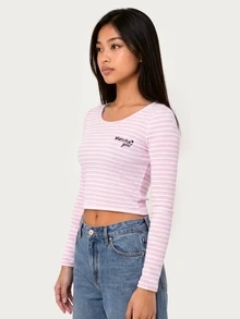 MISSGUIDED TEEN 羅紋針織短版長袖上衣，圓領，粉色白色橫條紋，抹茶女孩刺繡，適合春夏休閒穿搭 - 粉色 - 查看 4