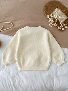 LMoss Kids 女童純色針織圓領長袖休閒毛衣，紋理提花，戶外服飾，百搭套頭衫，白色上衣，秋冬季節服飾，度假服飾 - 米色 - 查看 2