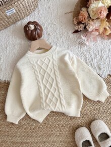 LMoss Kids 女童純色針織圓領長袖休閒毛衣，紋理提花，戶外服飾，百搭套頭衫，白色上衣，秋冬季節服飾，度假服飾 - 米色 - 查看 7