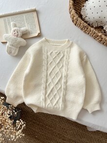 LMoss Kids 女童純色針織圓領長袖休閒毛衣，紋理提花，戶外服飾，百搭套頭衫，白色上衣，秋冬季節服飾，度假服飾 - 米色 - 查看 3