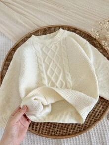LMoss Kids 女童純色針織圓領長袖休閒毛衣，紋理提花，戶外服飾，百搭套頭衫，白色上衣，秋冬季節服飾，度假服飾 - 米色 - 查看 4