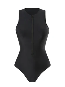 SHEIN Summer 1pc Women's Plain Zipper One Piece Swimsuit, Casual Beach Vacation - Black - View 5
