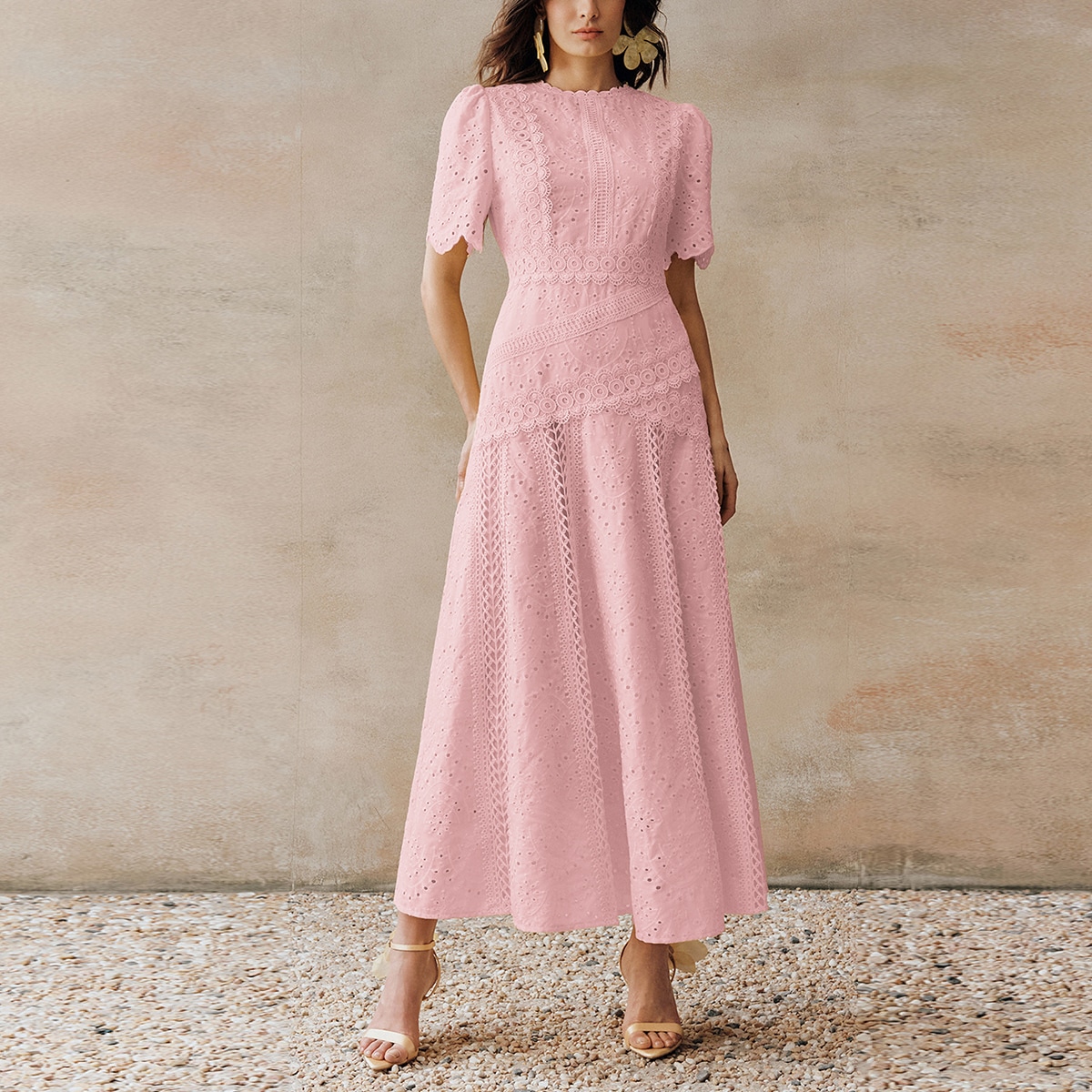 Elegant Floral Trim Round Neck Waist Cinched Short Sleeve Dress For Women Vacation Soft Pink Summer